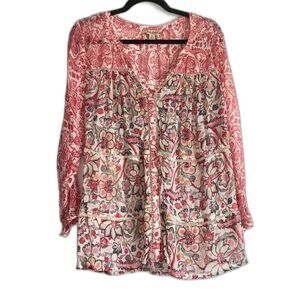 Lucky Brand Printed V-Neck Button Down Semi Sheer Red Floral Top Medium